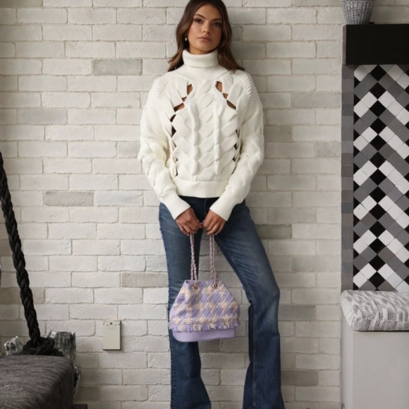 BTB Los Angeles Colette Bucket Bag Tweed Purple and Cream Purse Chain Strap - Picture 14 of 14